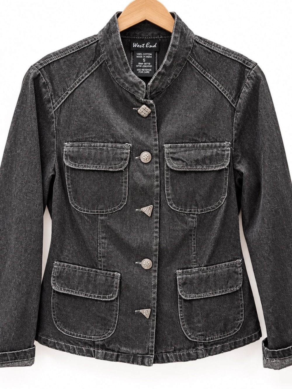 West End S Black Washed Denim Utility Jacket 4 Pocket Novelty Buttons